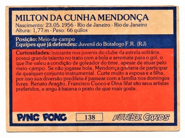 | Casa do Colecionador Ping Pong Futebol Cards Botafogo Futebol e Regatas - Nº 138 - Mendonça