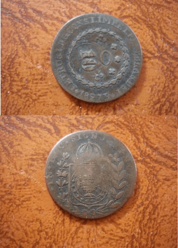 20 RÉIS 1827R. CAR. DE 10, FLORÕES VERTICAIS.