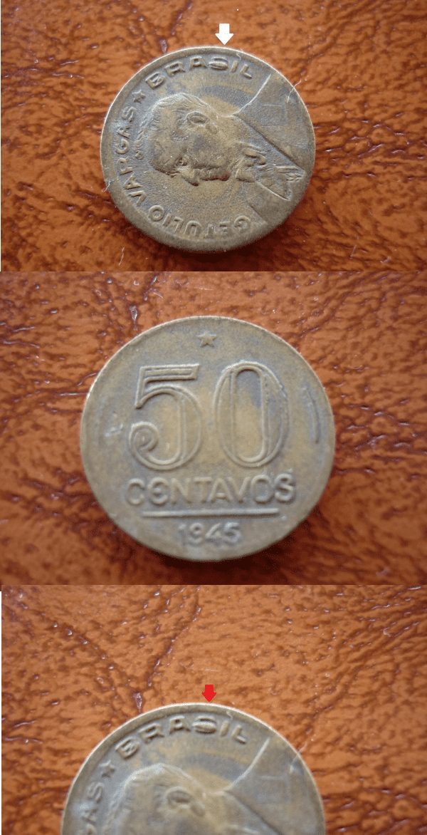 50 CENT. 1945 G. VARGAS SOBRA DE METAL NA LETRA S DE BRASIL.
