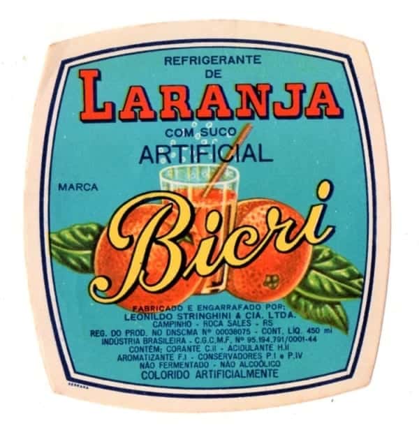 Antigo Rotulo Refrigerante de Laranja Bicri - Leonildo Stringhini & Irmãos - RS
