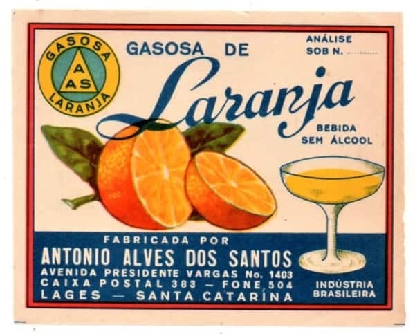 Antigo Rotulo Refrigerante Gasosa de Laranja - Antonio Alves dos Santos - Lages - SC - Anos 60