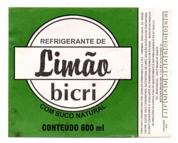 Antigo Rotulo Refrigerante Limão Bicri Com Suco Natural 600 ml - Leonildo Stringhini & Irmãos - RS