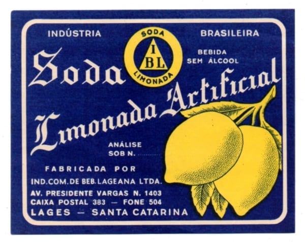 Antigo Rotulo Refrigerante Soda Limonada Artificial - Ind. Com. de Bebidas Lageana - Lages - SC - Anos 60