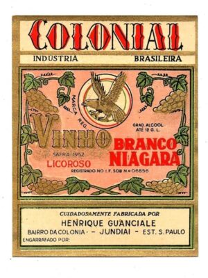 Antigo Rotulo Vinho Branco Niagara Licoroso Colonial Anos 50