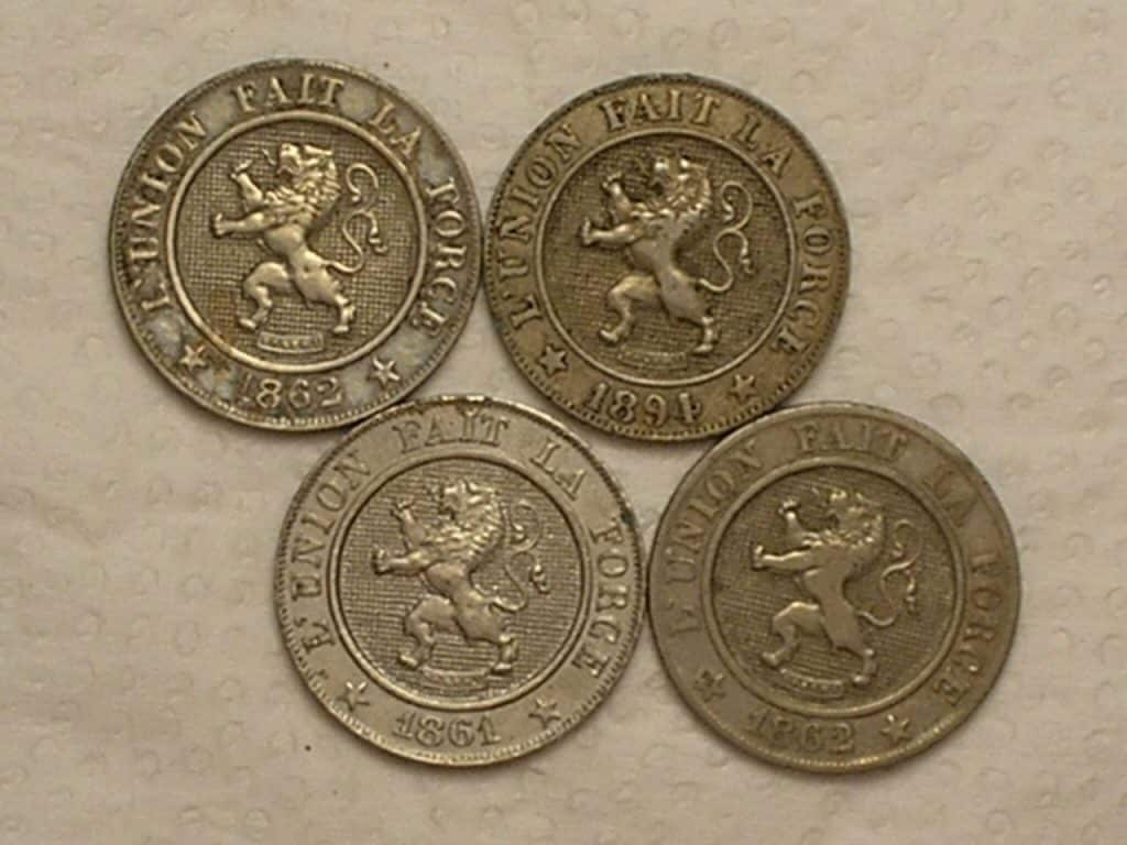 Belgica 10 Centimes 1861 1862 1862 61 Recunho 1894 Niquel Pecas Escassas Mbc S Box1 2