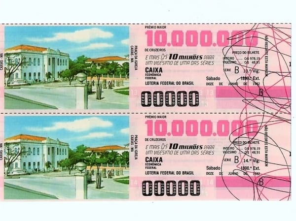 | Casa do Colecionador Bilhete Loteria Federal Brasil - Prova Numeração Zerada - Praça da Igreja - Caxias - MA -1982
