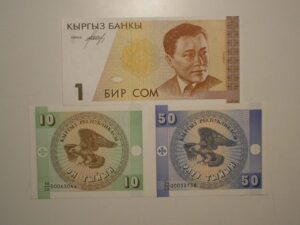 Kyrgystan) 10 e 50 tyin - 1993 + 1 Son - 1994 / Escassas / Flor de Estampa / ce02