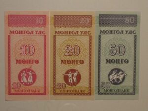 Mongolia) 10 / 20 / 50 Mongo - 1993 ... Série Olimpíadas / 3 Cédulas Flor de Estampa / ce01