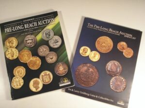 2 Catálogos de Moedas pre Long Beach Auction muito Ilustrado, Diversos Países e moedas, 2017 e 2018 / "Valores em Dollar"