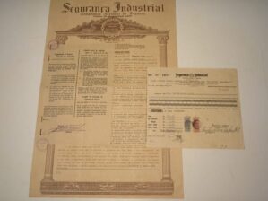 Apólice de seguros Industrial, Seguro terrestre, Nominal, 230.000 + premio, com recibo e selo, 1959 , Rio de Janeiro.