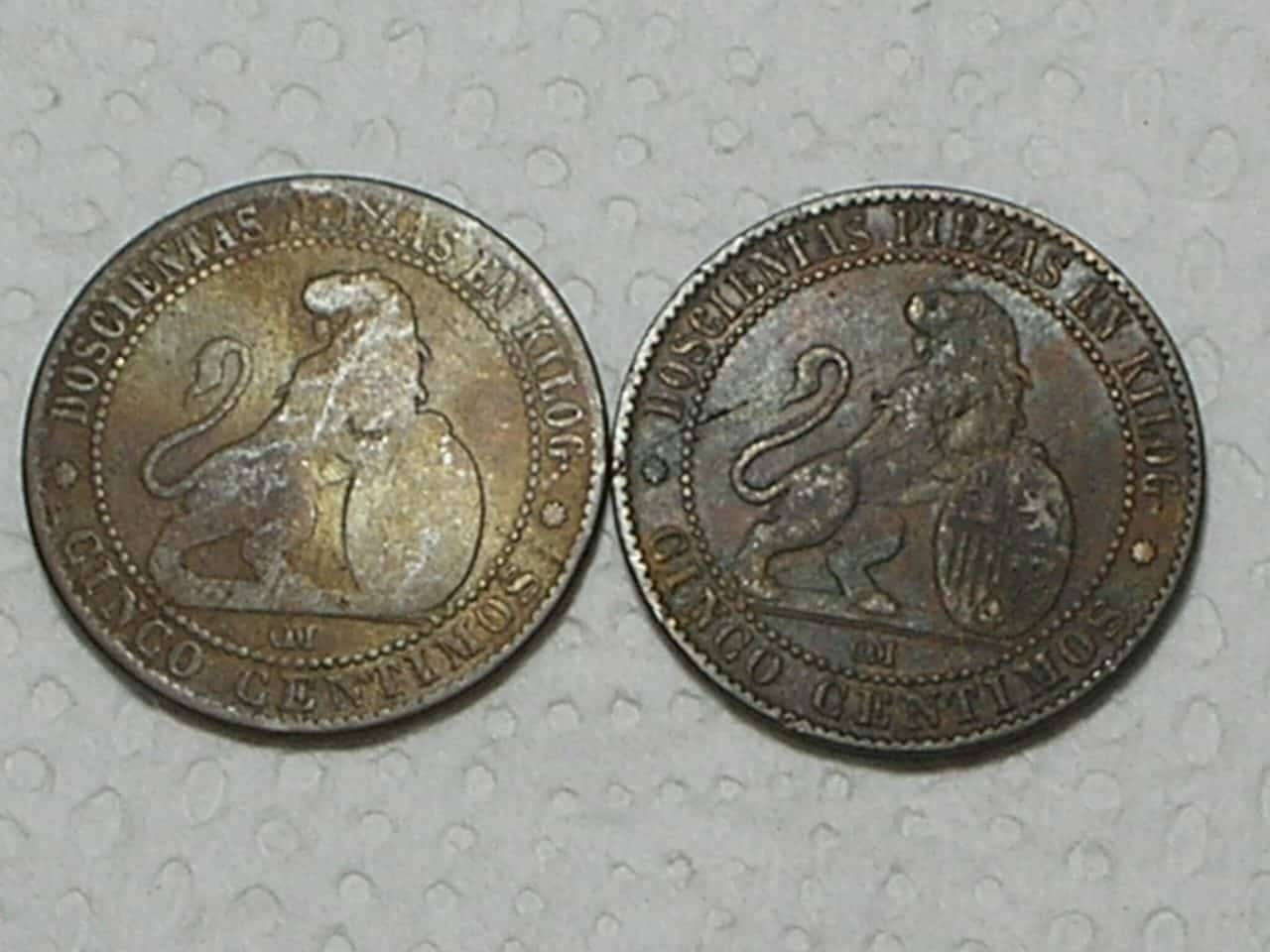 Espanha) 5 Centimos - 1870-om / Bronze / 2 peças - são escassas. / cod. 840