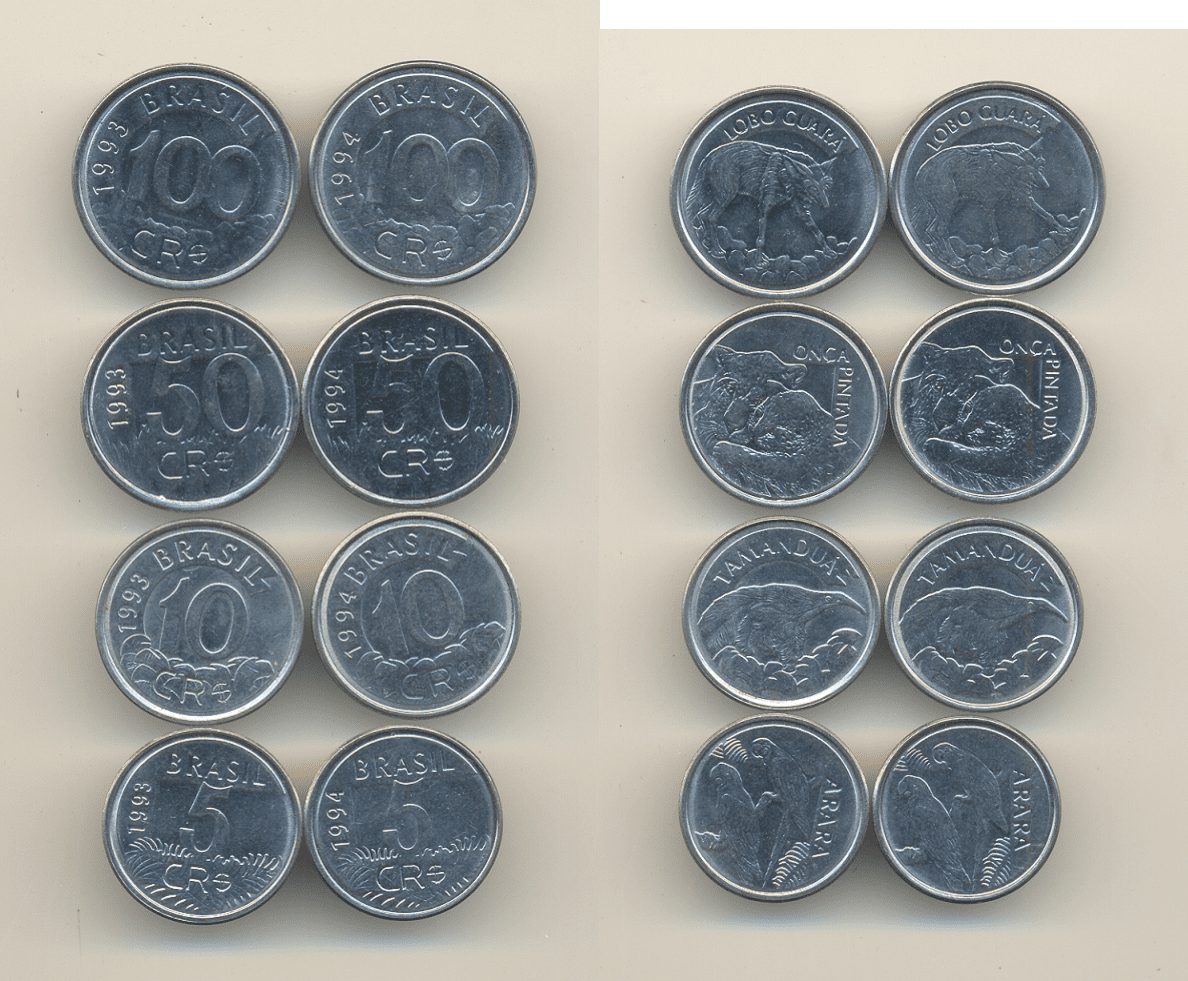 8 MOEDAS DE CRZS. REAIS, LOBO GUARA ONÇA PINTADA, TAMANDUÁ E ARARA, 1993 E 1994.