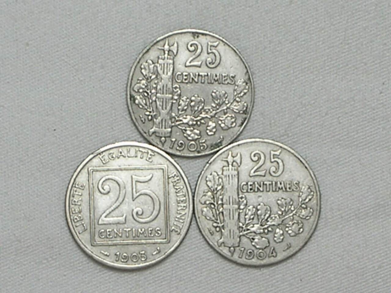 França) 25 Centimes - 1903 / 1904 / 1905 - Republique Francaise / Escassas / m30