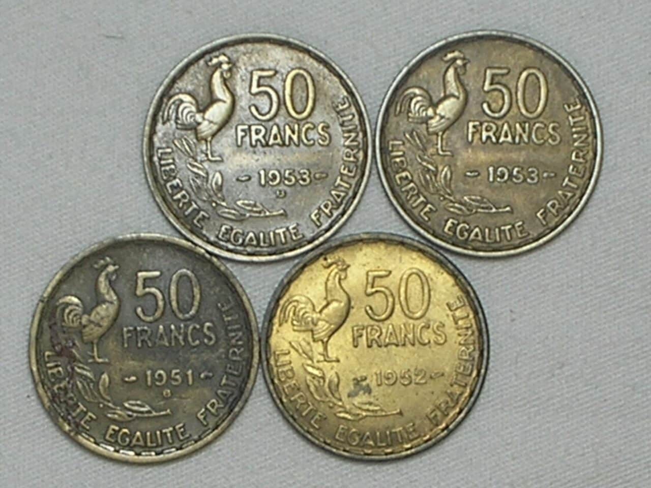 França) 50 Francs - 1951-B / 1952 / 1953 / 1953-B / Galo / Peças difíceis / m30