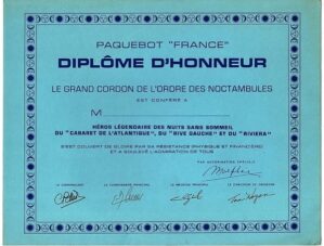 Navio France - Diploma de Honra da Ordem dos Boemios do Navio - Anos 70