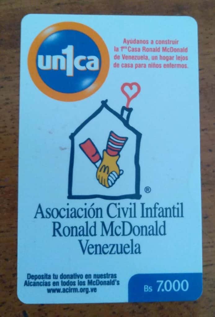 Cartão Venezuela Única Pré pago / Asociacion Civil infantil Mcdonald.