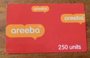 Cartão telefone Gana Areeba. 250 units fundo vermelho.