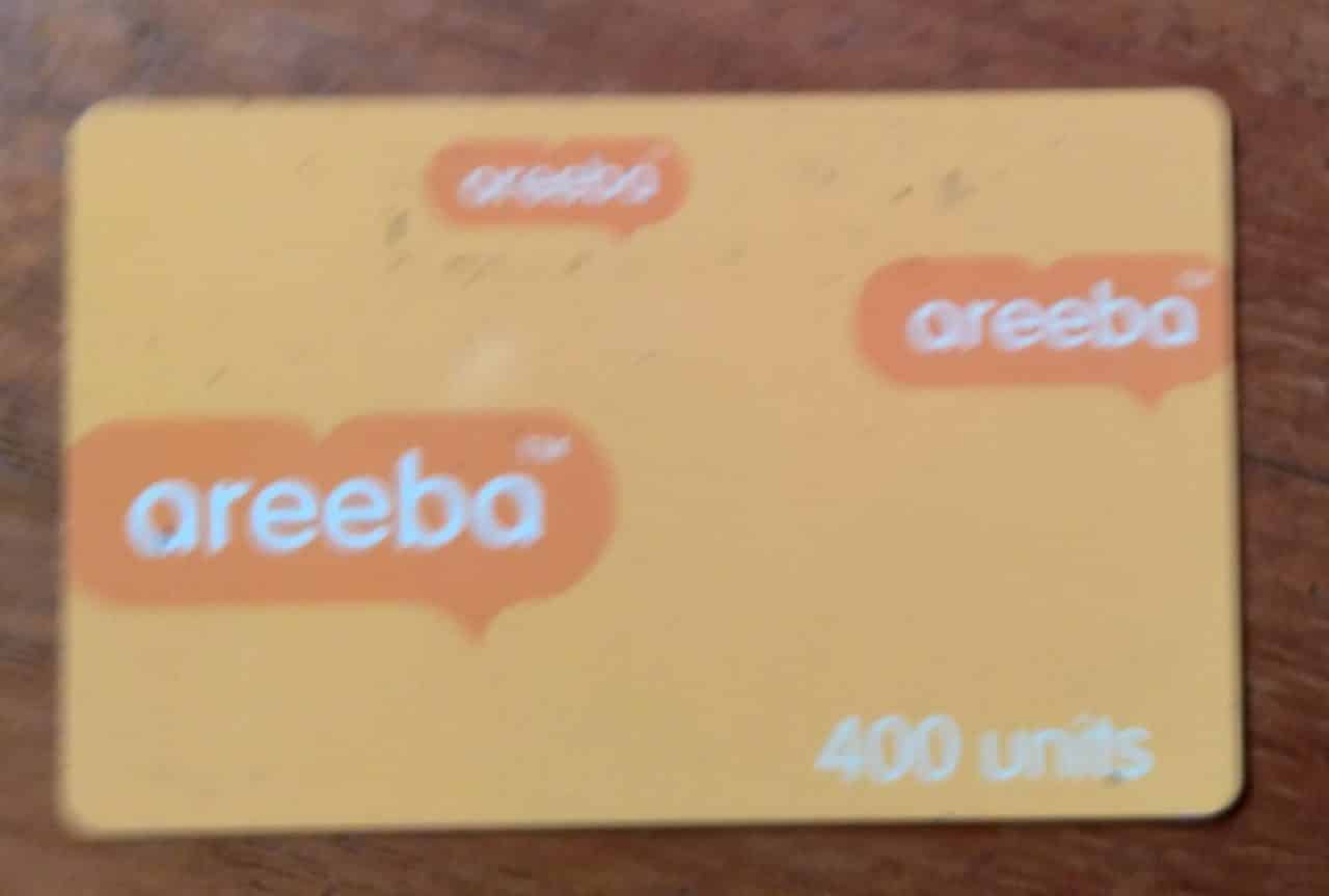 Cartao telefone Gana Areeba. 400 units fundo amarelo.