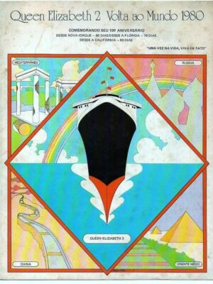Folheto Propaganda Antiga Navio Queen Elizabeth 2 - Volta ao Mundo - Anos 80