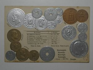 Raro Cartão Postal Tema A Numismática C/ Moedas Da Noruega