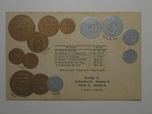Raro Cartão Postal Tema A Numismática C/ Moedas Da Suécia II