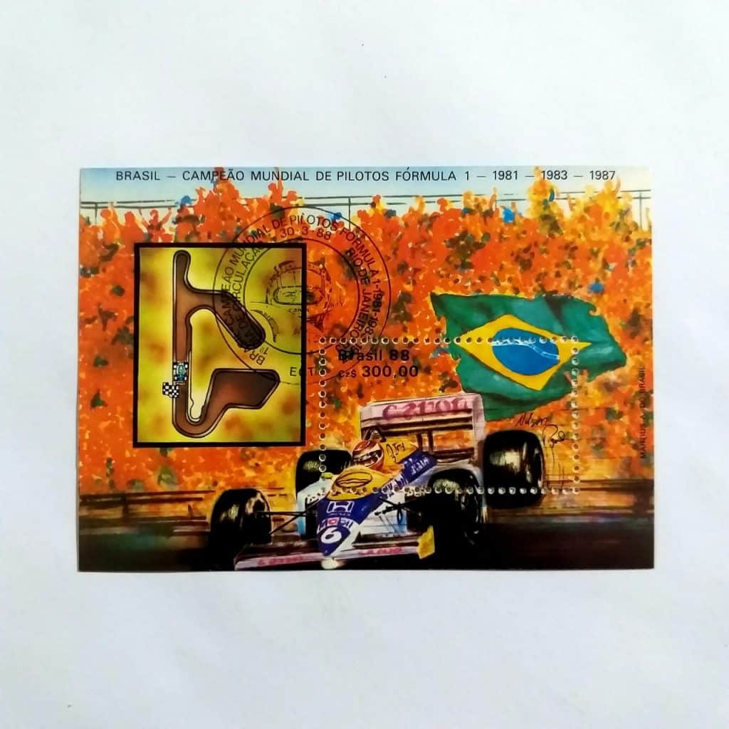 Bloco Comemorativo - RHM B075 com Carimbo - Brasil - Campeão Mundial de Pilotos de Fórmula 1 1981/1983/1987 - 30/03/1988