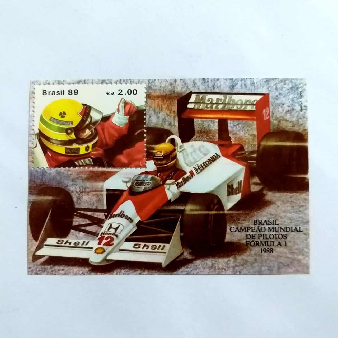 Bloco Comemorativo - RHM B079 Novo - Ayrton Senna da Silva - Campeão Mundial de Pilotos de Fórmula 1 1988 - 23/03/1989