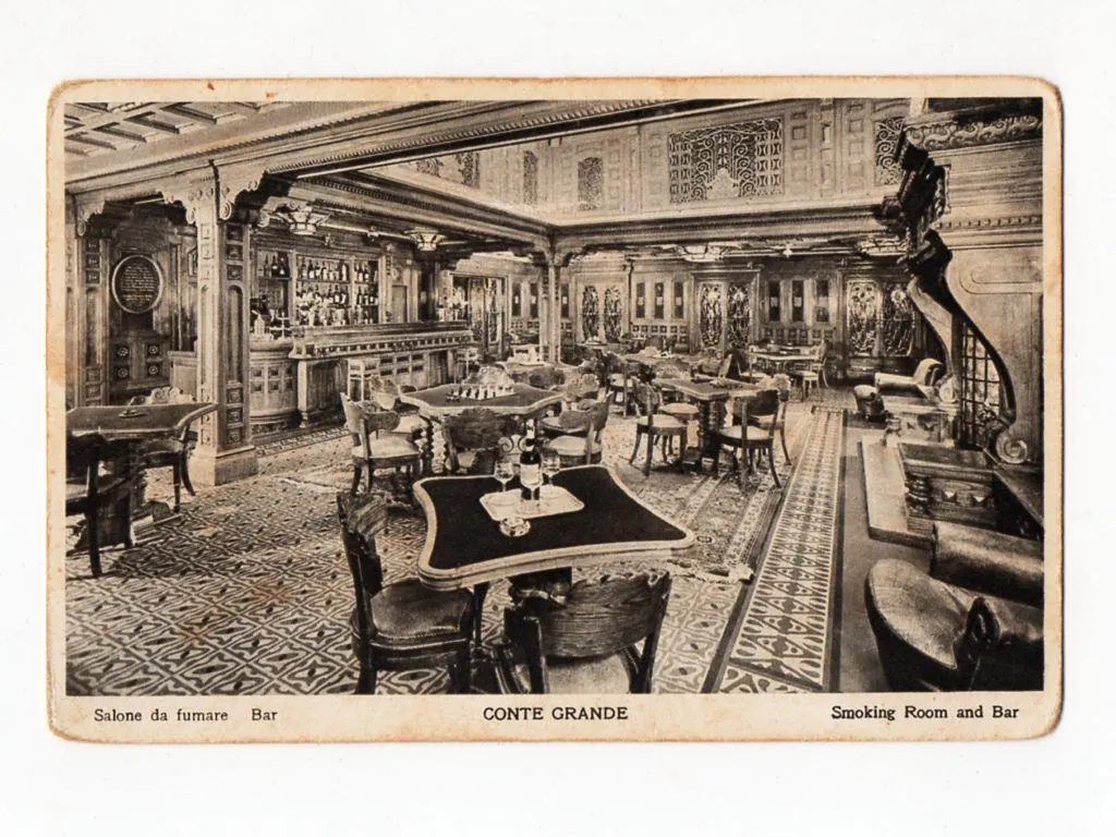 Cartao Postal Navio Conte Grande - LLoyd Sabaudo - Bar e Salão de Fumar - Anos 20 / 30