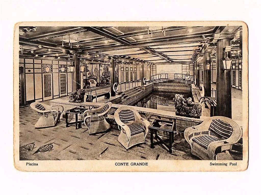 Cartao Postal Navio Conte Grande - LLoyd Sabaudo - Piscina - Anos 20 / 30