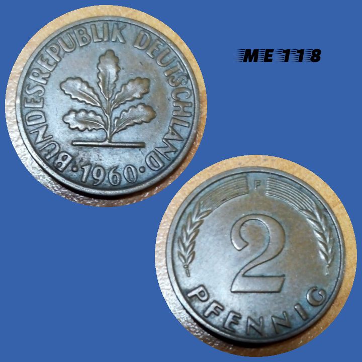 Moeda Alemanha 2 Pfennig 1960 F Bronze 1925mm 325g Me118