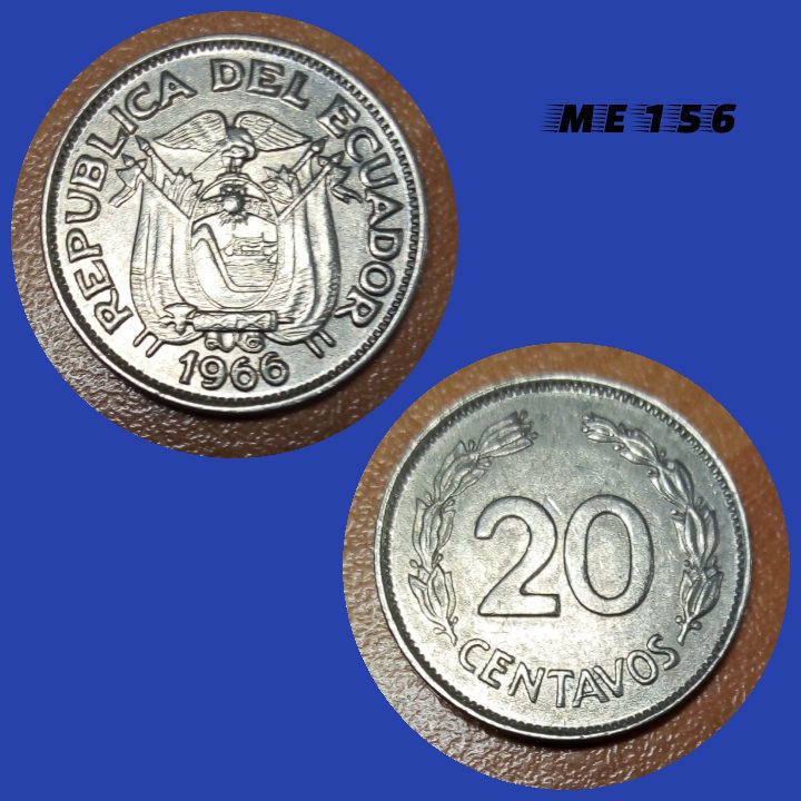 Moeda Equador 20 centavos 1966 aço revestido níquel 21mm - 3,6g ME156
