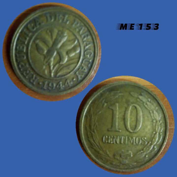 Moeda Paraguai 10 cêntimos 1944 bronze alumínio 21,1mm - 4g ME153