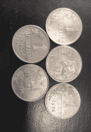Set Moedas 1 Cruzeiro 1970 a 1976 com Comemorativa 100 anos