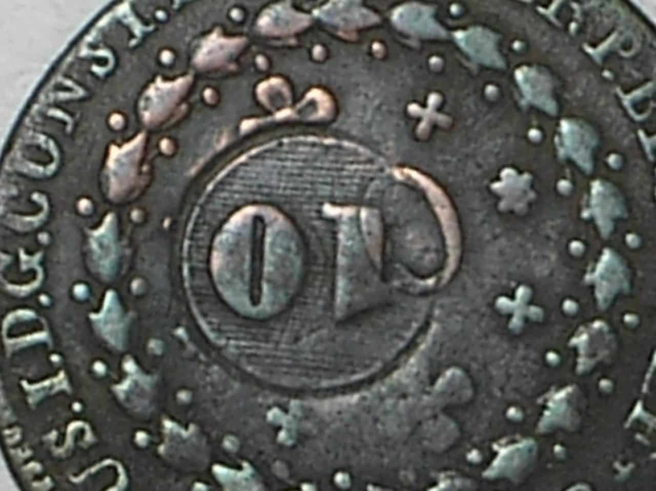 20 Réis – 1825 Rio = 22 Tulipas / Florões Verticais / Carimbo de 10 ao contrário - 01 / Escassa / / Império D. Pedro I / Cobre / Mbc / c800