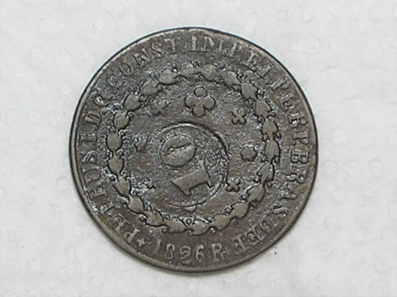 20 Réis – 1826 Rio = 22 Tulipas / Florões Obliquos / Carimbo 10 / Império D. Pedro I / Cobre / Mbc / c800