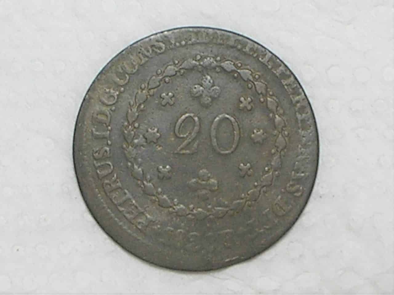 20 Réis – 1828 Rio = 24 Tulipas / Florões Obliquos / Império D. Pedro I / Cobre / Mbc / c800
