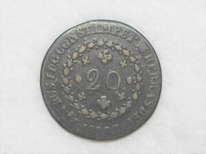 20 Réis – 1828 Rio = 24 Tulipas / Florões Verticais / Império D. Pedro I / Cobre / Mbc / c800