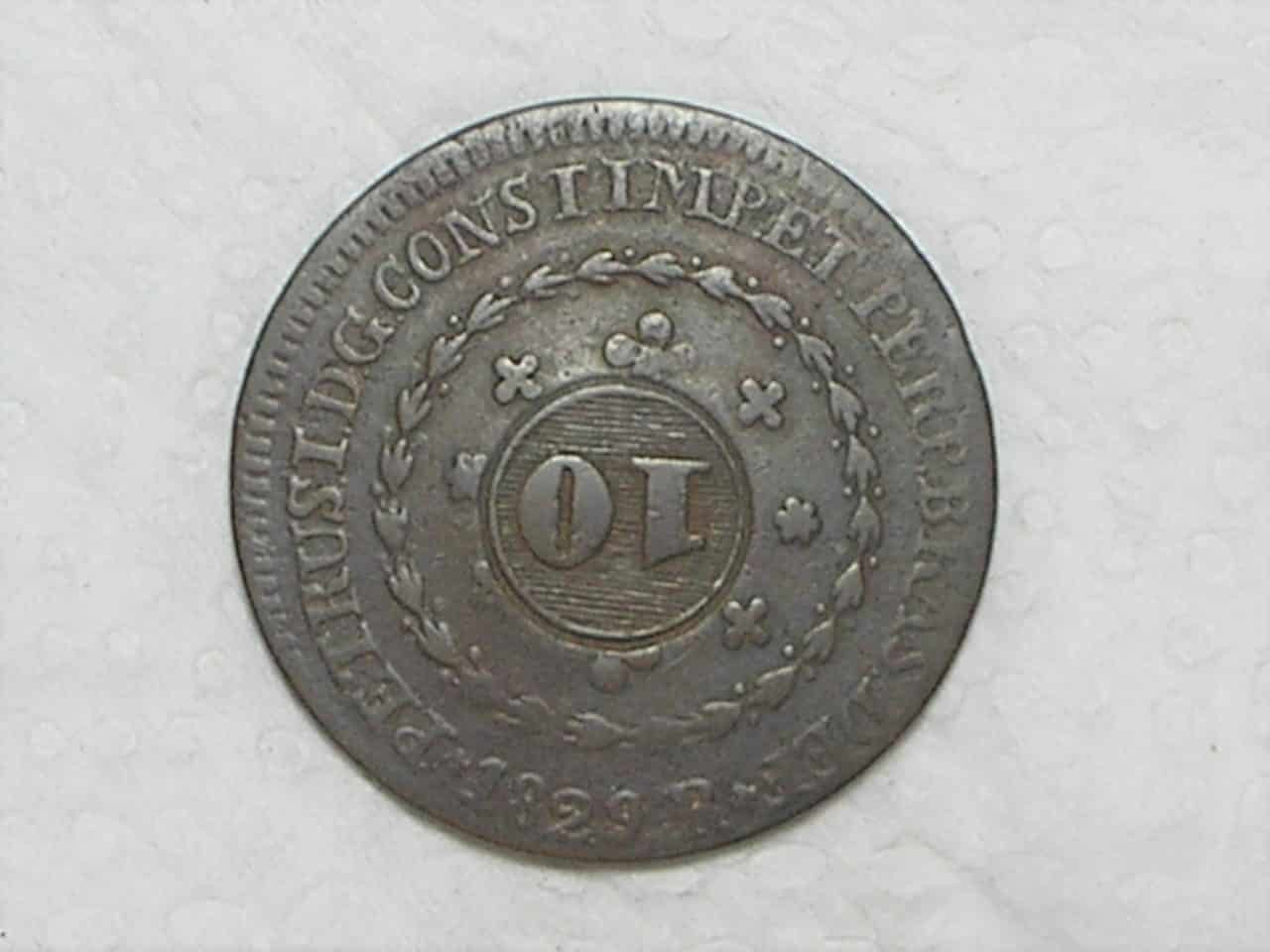 20 Réis – 1829 Rio = 24 Tulipas / Florões Obliquos / Carimbo 10 / Império D. Pedro I / Cobre / Mbc / c800