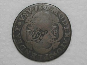 XX Réis - 1699 = carimbo de Escudete - Colônia de Petrvs II - PPPP Casa da Moeda do Porto / Cobre / Bc/Mbc / Box2