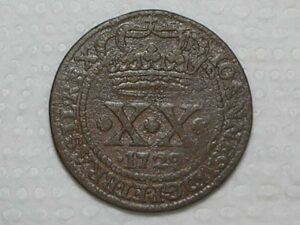 XX Réis – 1729 = Sem Letra 1º Tipo - 54 Pérolas / Escassa / Colônia de D. João V / Cobre / Bc/Mbc / Box2