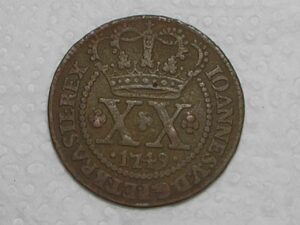 XX Réis – 1749 = 47 Pérolas / Lisboa para Maranhão / Cruz 1 / Colônia de D. João V / Cobre / Mbc / Box2