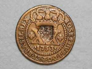 XX Réis – 1753 = 45 Pérolas / Carimbo de Escudete / Lisboa / Colônia de D. José I / Cobre / Mbc / Box2