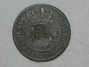XX Réis – 1776 = 43 Pérolas / Carimbo Escudete / Corôa Alta / Colônia de D. José I / Cobre / Mbc / Box2