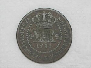XX Réis – 1781 = 44 Pérolas / Carimbo de Escudete / Corôa Alta / Escassa / Colônia de D. Maria e Pedro III / Cobre / Mbc / Box2