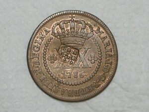 XX Réis – 1786 = 45 Pérolas / Carimbo de Escudete / Corôa Baixa / Escassa / Colônia de D. Maria I / Cobre / *Mbc/Soberba / Box2