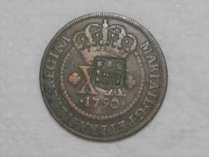 XX Réis – 1790 = 47 Pérolas / Carimbo de Escudete / Corôa Alta / Escassa / Colônia de D. Maria I / Cobre / Mbc / Box2