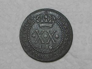 XX Réis – 1816 Bahia = 49 Pérolas / Corôa ligada ao Diadema / Colônia de D. João Principe Regente / Cobre / Mbc / Box2