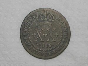 XX Réis – 1816 Bahia = 51 Pérolas / Corôa ligada ao Diadema / Colônia de D. João Principe Regente / Cobre / Mbc / Box2