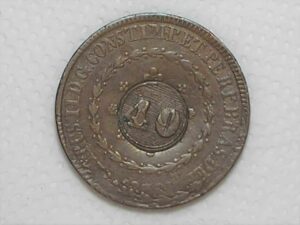 80 Réis – 1832 - Rio / Recunhada sobre outro 80 Réis do Império / 20 tulipas / Carimbo 40/ Raro / Império D. Pedro I / Cobre / Mbc / box21