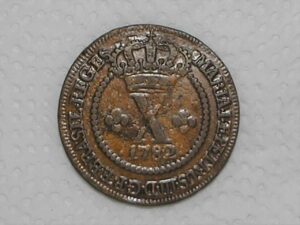Escassa) X Réis – 1782 / 47 Perolas / Corôa baixa e com pedículos / Data entre pontos / Colônia de D. Pedro III / Escassa / Cobre / Mbc / Box22
